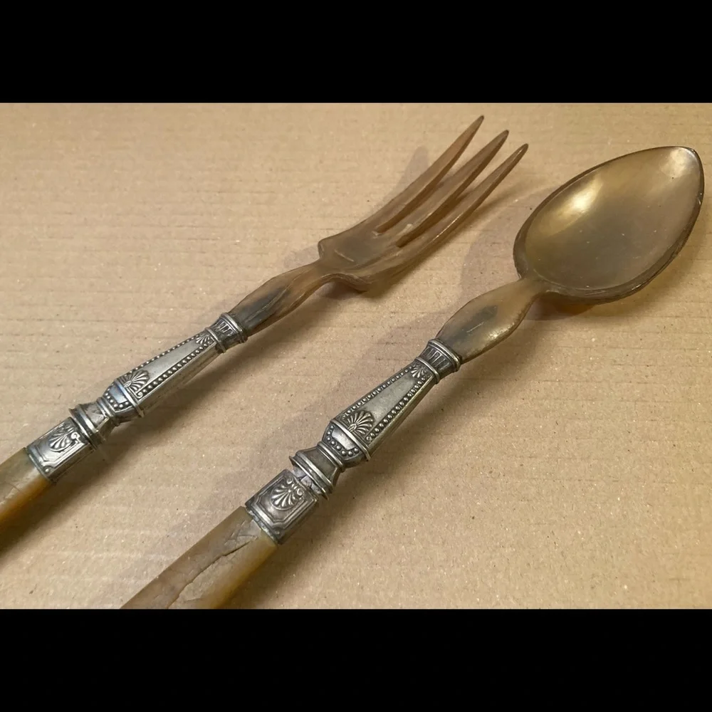Antique Silver plate center, Bakelite handles serving fork spoon